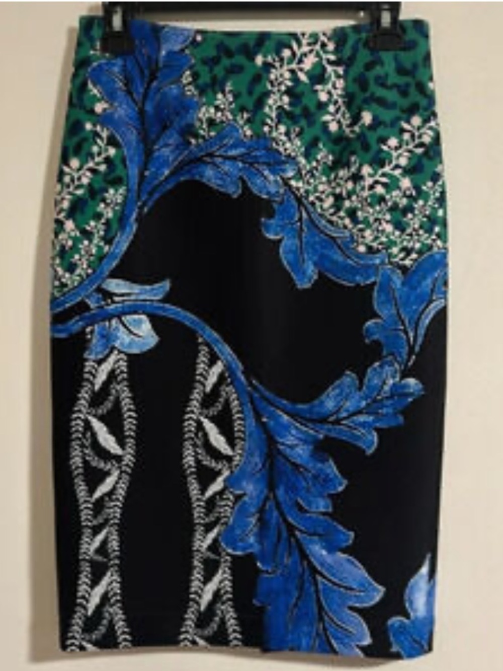 Yigal Azrouel Black, Blue & Green Patterned Scuba Pencil Skirt. Size S